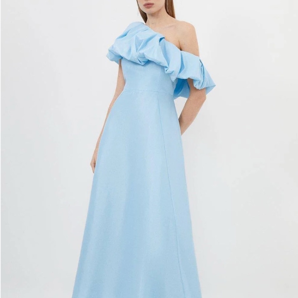 NEW W TAG Karen Millen Light Blue Metallic Taffeta One Shoulder Ruffle Maxi